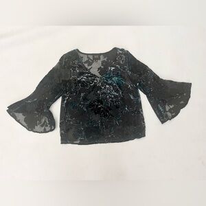 W5 Black Velvet Sheer black Floral Blouse Top Size small bell sleeve